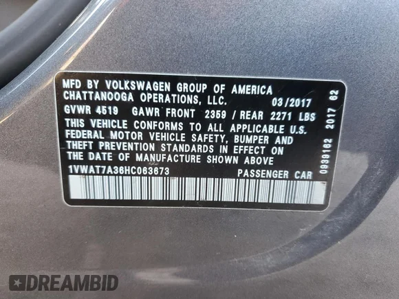 ✅ 2017 Volkswagen Passat S • VIN: 1VWAT7A36HC063673 • Lot: 69544302. Wystawiony na Copart z przebiegiem 64 054 mil. Bezpłatny archiwum sprzedaży aukcyjnych z USA i szczegółowy raport historii pojazdu na DreamBid. Zdjęcie 12.