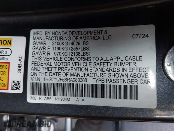 ✅ 2024 Honda Accord EX-L • VIN: 1HGCY2F66RA083388 • Lot: 44541367. Wystawiony na IAAI z przebiegiem 13 072 mil. Bezpłatny archiwum sprzedaży aukcyjnych z USA i szczegółowy raport historii pojazdu na DreamBid. Zdjęcie 9.