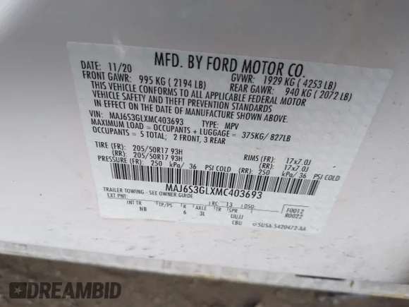 ✅ 2021 Ford EcoSport SE • VIN: MAJ6S3GLXMC403693 • Lot: 41791359. Wystawiony na IAAI z przebiegiem 29 401 mil. Bezpłatny archiwum sprzedaży aukcyjnych z USA i szczegółowy raport historii pojazdu na DreamBid. Zdjęcie 9.