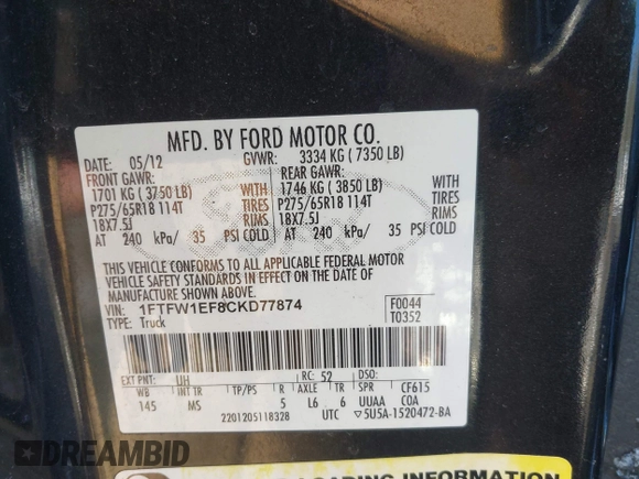 ✅ 2012 Ford F-150 Lariat • VIN: 1FTFW1EF8CKD77874 • Lot: 44316060. Wystawiony na IAAI z przebiegiem 221 420 mil. Bezpłatny archiwum sprzedaży aukcyjnych z USA i szczegółowy raport historii pojazdu na DreamBid. Zdjęcie 9.