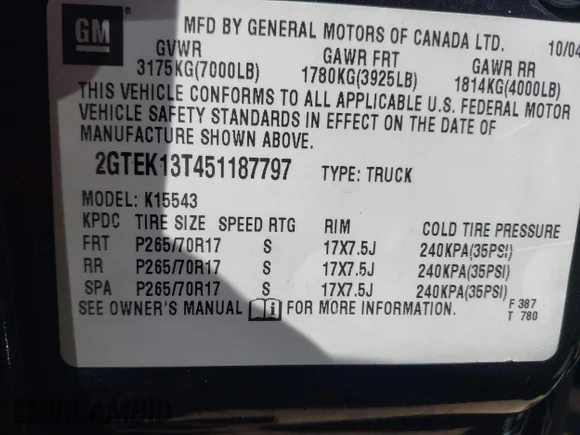 ✅ 2005 GMC Sierra 1500 SLT • VIN: 2GTEK13T451187797 • Lot: 44546861. Wystawiony na IAAI z przebiegiem 159 896 mil. Bezpłatny archiwum sprzedaży aukcyjnych z USA i szczegółowy raport historii pojazdu na DreamBid. Zdjęcie 9.