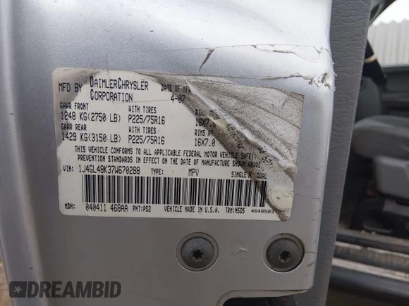 ✅ 2007 Jeep Liberty Sport • VIN: 1J4GL48K37W670288 • Lot: 44751799. Listed on IAAI with 287,468 mi. Free auction sales archive from the USA and detailed vehicle history report at DreamBid. Image 9.