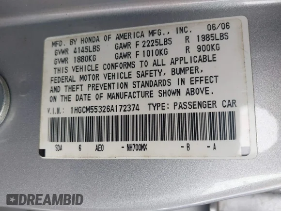 ✅ 2006 Honda Accord LX SE • VIN: 1HGCM55326A172374 • Lot: 44705876. Wystawiony na IAAI z przebiegiem 133 307 mil. Bezpłatny archiwum sprzedaży aukcyjnych z USA i szczegółowy raport historii pojazdu na DreamBid. Zdjęcie 9.