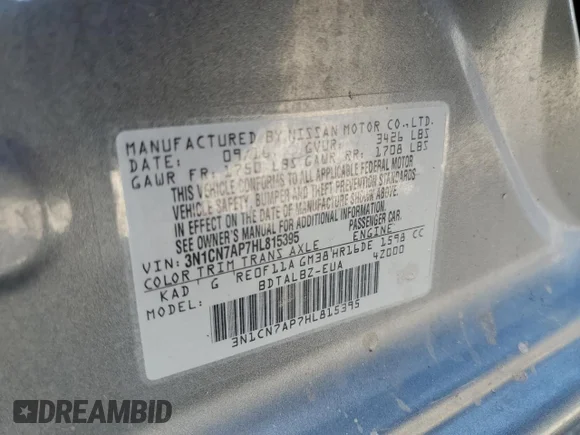 ✅ 2017 Nissan Versa S Plus • VIN: 3N1CN7AP7HL815395 • Лот: 70370154. Опубліковано раніше на Copart з пробігом 96 641 миль. Безкоштовний доступ до архіву аукціонних продажів зі США та докладний звіт про історію автомобіля на DreamBid. Зображення 12.