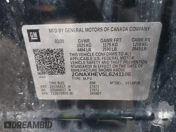 ✅ 2020 Chevrolet Equinox LS • VIN: 2GNAXHEV5L6241106 • Lot: 44826136. Wystawiony na IAAI z przebiegiem 96 794 mil. Bezpłatny archiwum sprzedaży aukcyjnych z USA i szczegółowy raport historii pojazdu na DreamBid. Zdjęcie 9.