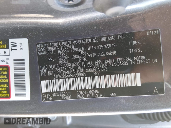 ✅ 2021 Toyota Highlander XLE • VIN: 5TDGZRBHXMS090661 • Lot: 44807843. Wystawiony na IAAI z przebiegiem 78 881 mil. Bezpłatny archiwum sprzedaży aukcyjnych z USA i szczegółowy raport historii pojazdu na DreamBid. Zdjęcie 9.