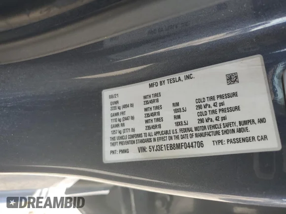 ✅ 2021 Tesla Model 3 Long Range • VIN: 5YJ3E1EB8MF044706 • Lot: 67758804. Listed on Copart with 127,236 mi. Free auction sales archive from the USA and detailed vehicle history report at DreamBid. Image 14.
