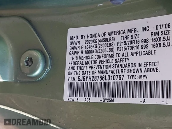 ✅ 2006 Honda Element EX-P • VIN: 5J6YH28766L010767 • Lot: 41860569. Wystawiony na IAAI z przebiegiem 169 203 mil. Bezpłatny archiwum sprzedaży aukcyjnych z USA i szczegółowy raport historii pojazdu na DreamBid. Zdjęcie 9.