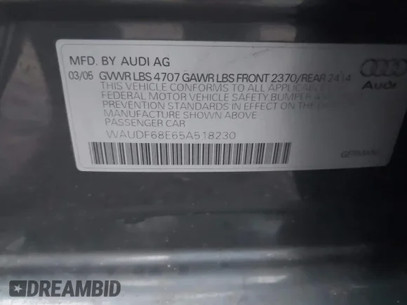 ✅ 2005 Audi A4 2.0T • VIN: WAUDF68E65A518230 • Лот: 43826344. Опубликован ранее на IAAI с пробегом 158 816 миль. Бесплатный доступ к архиву аукционных продаж из США и подробный отчёт об истории автомобиля на DreamBid. Изображение 9.