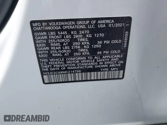 ✅ 2021 Volkswagen Atlas SE • VIN: 1V2JC2CA8MC214796 • Lot: 42691862. Wystawiony na IAAI z przebiegiem 56 036 mil. Bezpłatny archiwum sprzedaży aukcyjnych z USA i szczegółowy raport historii pojazdu na DreamBid. Zdjęcie 9.
