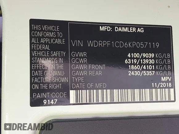 ✅ 2019 Freightliner Sprinter • VIN: WDRPF1CD6KP057119 • Lot: 42777824. Wystawiony na IAAI z przebiegiem 149 253 mil. Bezpłatny archiwum sprzedaży aukcyjnych z USA i szczegółowy raport historii pojazdu na DreamBid. Zdjęcie 9.