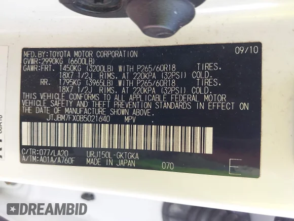 ✅ 2011 Lexus GX 460 • VIN: JTJBM7FX0B5021640 • Лот: 43185474. Опубліковано раніше на IAAI з пробігом 162 670 миль. Безкоштовний доступ до архіву аукціонних продажів зі США та докладний звіт про історію автомобіля на DreamBid. Зображення 9.