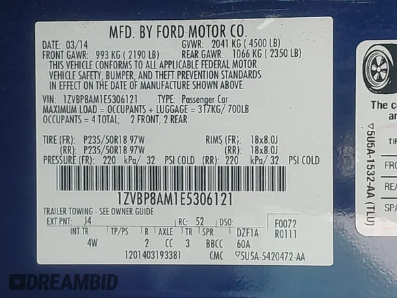 ✅ 2014 Ford Mustang Premium • VIN: 1ZVBP8AM1E5306121 • Lot: 45184243. Listed on IAAI with 119,524 mi. Free auction sales archive from the USA and detailed vehicle history report at DreamBid. Image 9.