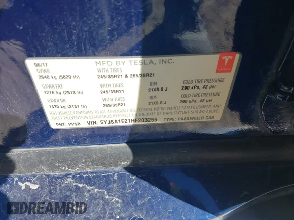 ✅ 2017 Tesla Model S 100D • VIN: 5YJSA1E21HF203255 • Lot: 40503584. Listed on IAAI with 166,800 mi. Free auction sales archive from the USA and detailed vehicle history report at DreamBid. Image 9.