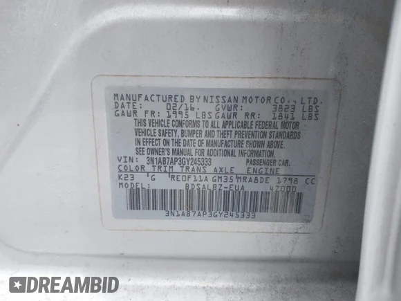 ✅ 2016 Nissan Sentra SR • VIN: 3N1AB7AP3GY245333 • Lot: 45197941. Listed on IAAI with 218,283 mi. Free auction sales archive from the USA and detailed vehicle history report at DreamBid. Image 9.