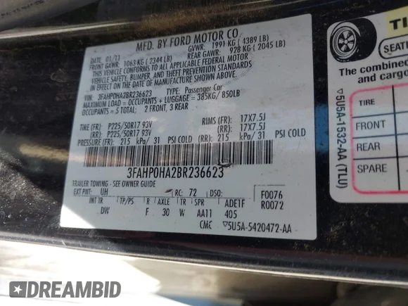 ✅ 2011 Ford Fusion SE • VIN: 3FAHP0HA2BR236623 • Lot: 44715336. Listed on IAAI with 176,248 mi. Free auction sales archive from the USA and detailed vehicle history report at DreamBid. Image 9.