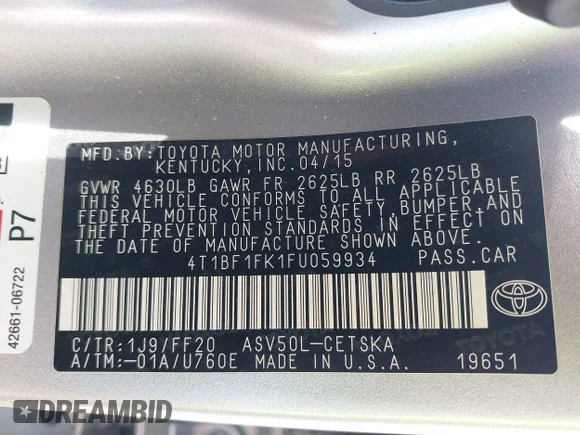 ✅ 2015 Toyota Camry SE • VIN: 4T1BF1FK1FU059934 • Lot: 44141997. Wystawiony na IAAI z przebiegiem 85 560 mil. Bezpłatny archiwum sprzedaży aukcyjnych z USA i szczegółowy raport historii pojazdu na DreamBid. Zdjęcie 9.