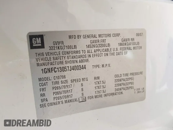 ✅ 2007 Chevrolet Tahoe LT • VIN: 1GNFC13057J400344 • Lot: 45103026. Listed on IAAI with 213,611 mi. Free auction sales archive from the USA and detailed vehicle history report at DreamBid. Image 9.