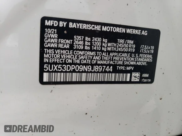 ✅ 2022 BMW X3 xDrive30i • VIN: 5UX53DP09N9J89744 • Lot: 62725342. Wystawiony na Copart z przebiegiem Nie podano. Bezpłatny archiwum sprzedaży aukcyjnych z USA i szczegółowy raport historii pojazdu na DreamBid. Zdjęcie 10.