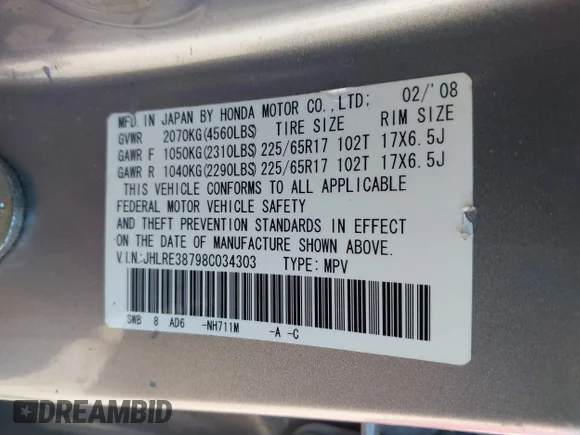 ✅ 2008 Honda CR-V EX-L • VIN: JHLRE38798C034303 • Lot: 44810957. Wystawiony na IAAI z przebiegiem 286 921 mil. Bezpłatny archiwum sprzedaży aukcyjnych z USA i szczegółowy raport historii pojazdu na DreamBid. Zdjęcie 9.