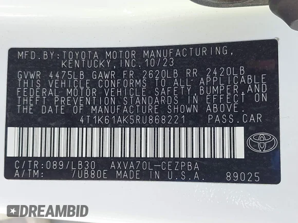 ✅ 2024 Toyota Camry XSE • VIN: 4T1K61AK5RU868221 • Lot: 45067599. Wystawiony na IAAI z przebiegiem 52 581 mil. Bezpłatny archiwum sprzedaży aukcyjnych z USA i szczegółowy raport historii pojazdu na DreamBid. Zdjęcie 9.