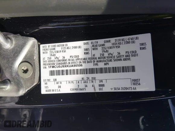 ✅ 2019 Ford Escape Titanium • VIN: 1FMCU0J9XKUA90506 • Lot: 44343317. Wystawiony na IAAI z przebiegiem 59 411 mil. Bezpłatny archiwum sprzedaży aukcyjnych z USA i szczegółowy raport historii pojazdu na DreamBid. Zdjęcie 9.