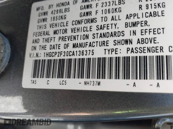 ✅ 2012 Honda Accord LX • VIN: 1HGCP2F30CA136375 • Lot: 45082494. Wystawiony na IAAI z przebiegiem 201 328 mil. Bezpłatny archiwum sprzedaży aukcyjnych z USA i szczegółowy raport historii pojazdu na DreamBid. Zdjęcie 9.