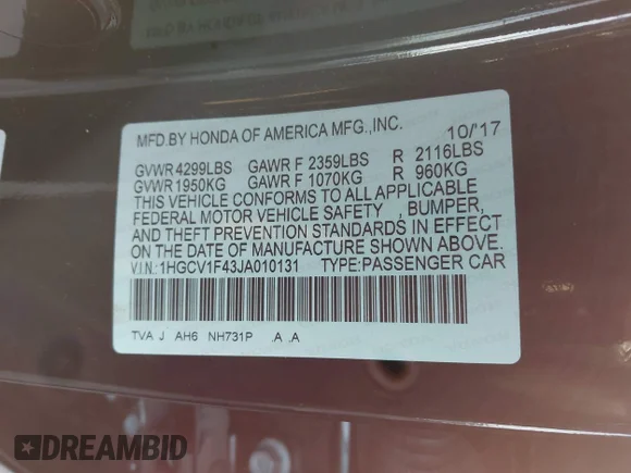 ✅ 2018 Honda Accord EX • VIN: 1HGCV1F43JA010131 • Lot: 44241591. Wystawiony na IAAI z przebiegiem 88 502 mil. Bezpłatny archiwum sprzedaży aukcyjnych z USA i szczegółowy raport historii pojazdu na DreamBid. Zdjęcie 9.