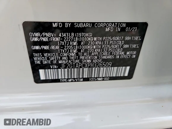 ✅ 2023 Subaru Crosstrek Premium • VIN: JF2GTAPCXPH326509 • Lot: 78661335. Listed on Copart with 33,639 mi. Free auction sales archive from the USA and detailed vehicle history report at DreamBid. Image 13.