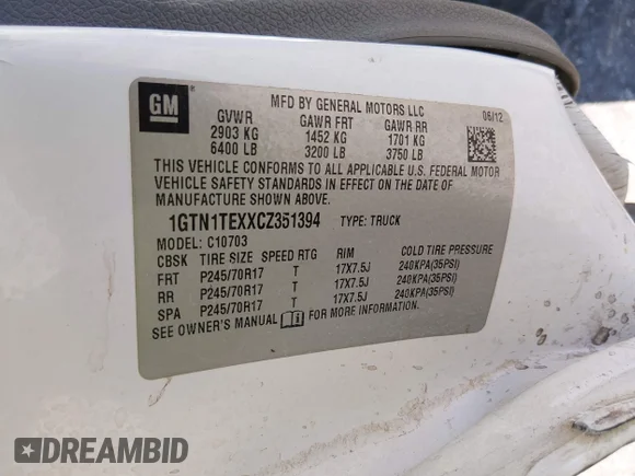 ✅ 2012 GMC Sierra 1500 Work Truck • VIN: 1GTN1TEXXCZ351394 • Lot: 45461837. Wystawiony na IAAI z przebiegiem 154 743 mil. Bezpłatny archiwum sprzedaży aukcyjnych z USA i szczegółowy raport historii pojazdu na DreamBid. Zdjęcie 9.