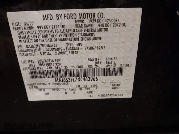 ✅ 2022 Ford EcoSport S • VIN: MAJ6S3FL7NC463966 • Lot: 41463385. Wystawiony na IAAI z przebiegiem 155 252 mil. Bezpłatny archiwum sprzedaży aukcyjnych z USA i szczegółowy raport historii pojazdu na DreamBid. Zdjęcie 9.