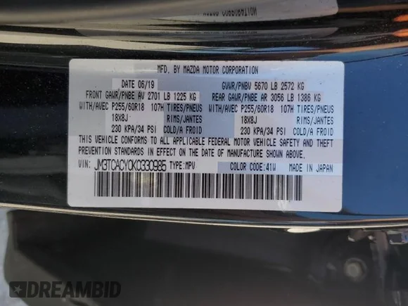 ✅ 2019 Mazda CX-9 Touring • VIN: JM3TCACY0K0330985 • Lot: 76868244. Wystawiony na Copart z przebiegiem 54 994 mil. Bezpłatny archiwum sprzedaży aukcyjnych z USA i szczegółowy raport historii pojazdu na DreamBid. Zdjęcie 14.