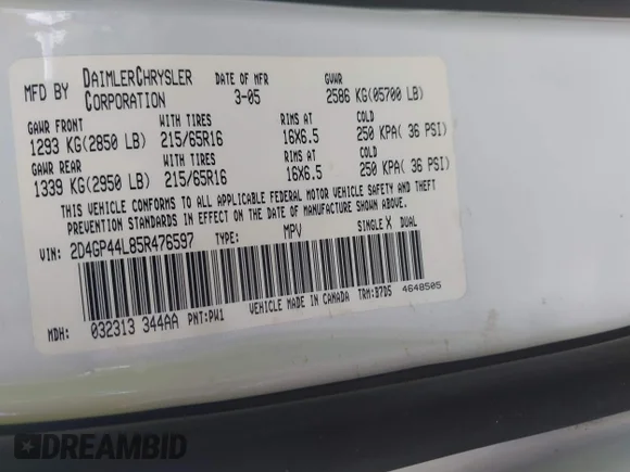 ✅ 2005 Dodge Caravan SXT • VIN: 2D4GP44L85R476597 • Лот: 42667976. Опубліковано раніше на IAAI з пробігом 121 903 миль. Безкоштовний доступ до архіву аукціонних продажів зі США та докладний звіт про історію автомобіля на DreamBid. Зображення 9.
