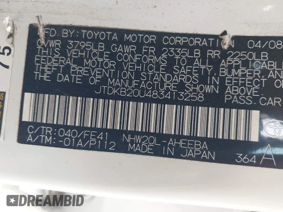 ✅ 2008 Toyota Prius • VIN: JTDKB20U483413258 • Lot: 45041000. Wystawiony na IAAI z przebiegiem 162 646 mil. Bezpłatny archiwum sprzedaży aukcyjnych z USA i szczegółowy raport historii pojazdu na DreamBid. Zdjęcie 9.