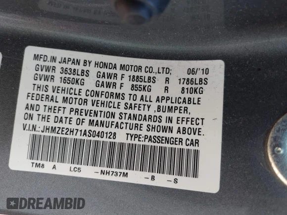 ✅ 2010 Honda Insight EX • VIN: JHMZE2H71AS040128 • Lot: 43277729. Wystawiony na IAAI z przebiegiem 152 069 mil. Bezpłatny archiwum sprzedaży aukcyjnych z USA i szczegółowy raport historii pojazdu na DreamBid. Zdjęcie 9.