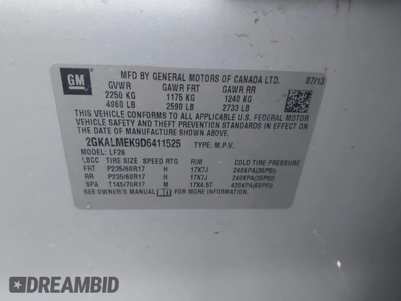 ✅ 2013 GMC Terrain SLE • VIN: 2GKALMEK9D6411525 • Lot: 44055548. Wystawiony na IAAI z przebiegiem 176 914 mil. Bezpłatny archiwum sprzedaży aukcyjnych z USA i szczegółowy raport historii pojazdu na DreamBid. Zdjęcie 9.