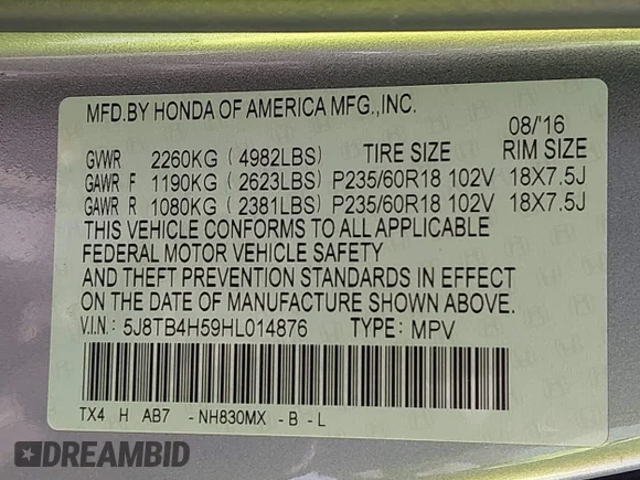 ✅ 2017 Acura RDX Technology • VIN: 5J8TB4H59HL014876 • Lot: 42034309. Wystawiony na IAAI z przebiegiem 57 472 mil. Bezpłatny archiwum sprzedaży aukcyjnych z USA i szczegółowy raport historii pojazdu na DreamBid. Zdjęcie 9.