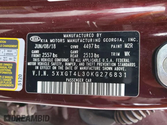 ✅ 2019 Kia Optima LX • VIN: 5XXGT4L30KG276831 • Lot: 98401715. Listed on Copart with 140,272 mi. Free auction sales archive from the USA and detailed vehicle history report at DreamBid. Image 12.