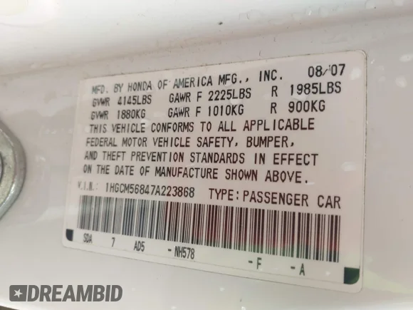 ✅ 2007 Honda Accord EX-L • VIN: 1HGCM56847A223868 • Lot: 44220492. Wystawiony na IAAI z przebiegiem 204 313 mil. Bezpłatny archiwum sprzedaży aukcyjnych z USA i szczegółowy raport historii pojazdu na DreamBid. Zdjęcie 9.