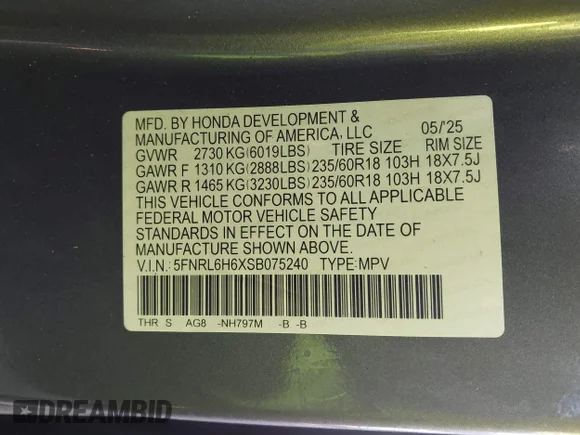 ✅ 2025 Honda Odyssey EX-L • VIN: 5FNRL6H6XSB075240 • Lot: 44233147. Wystawiony na IAAI z przebiegiem 22 606 mil. Bezpłatny archiwum sprzedaży aukcyjnych z USA i szczegółowy raport historii pojazdu na DreamBid. Zdjęcie 9.