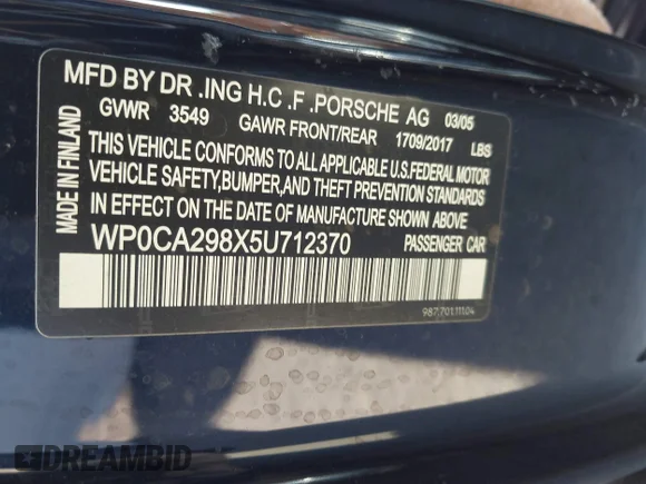 ✅ 2005 Porsche Boxster • VIN: WP0CA298X5U712370 • Lot: 43544208. Wystawiony na IAAI z przebiegiem 93 072 mil. Bezpłatny archiwum sprzedaży aukcyjnych z USA i szczegółowy raport historii pojazdu na DreamBid. Zdjęcie 9.