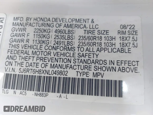 ✅ 2022 Honda CR-V EX-L • VIN: 5J6RT6H8XNL049802 • Lot: 44138777. Wystawiony na IAAI z przebiegiem 58 478 mil. Bezpłatny archiwum sprzedaży aukcyjnych z USA i szczegółowy raport historii pojazdu na DreamBid. Zdjęcie 9.