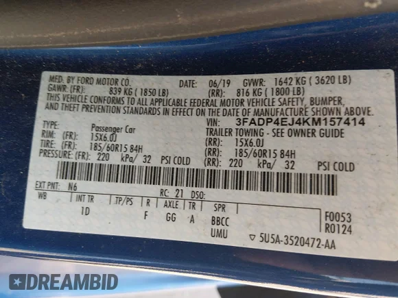 ✅ 2019 Ford Fiesta SE • VIN: 3FADP4EJ4KM157414 • Lot: 45131796. Listed on IAAI with 120,106 mi. Free auction sales archive from the USA and detailed vehicle history report at DreamBid. Image 9.