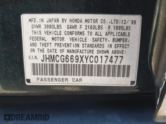 ✅ 2000 Honda Accord SE • VIN: JHMCG669XYC017477 • Lot: 42842489. Wystawiony na IAAI z przebiegiem 257 741 mil. Bezpłatny archiwum sprzedaży aukcyjnych z USA i szczegółowy raport historii pojazdu na DreamBid. Zdjęcie 9.