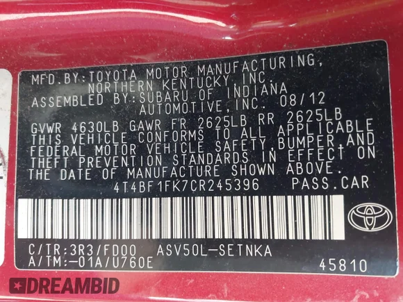 ✅ 2012 Toyota Camry L • VIN: 4T4BF1FK7CR245396 • Lot: 43967793. Wystawiony na IAAI z przebiegiem 120 254 mil. Bezpłatny archiwum sprzedaży aukcyjnych z USA i szczegółowy raport historii pojazdu na DreamBid. Zdjęcie 9.