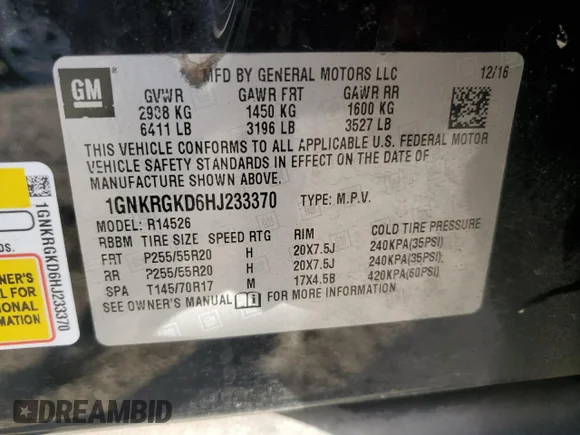✅ 2017 Chevrolet Traverse LT • VIN: 1GNKRGKD6HJ233370 • Lot: 78935524. Wystawiony na Copart z przebiegiem Nie podano. Bezpłatny archiwum sprzedaży aukcyjnych z USA i szczegółowy raport historii pojazdu na DreamBid. Zdjęcie 14.