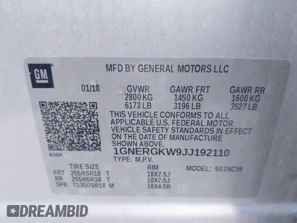 ✅ 2018 Chevrolet Traverse LT Cloth • VIN: 1GNERGKW9JJ192110 • Lot: 44549889. Wystawiony na IAAI z przebiegiem 129 313 mil. Bezpłatny archiwum sprzedaży aukcyjnych z USA i szczegółowy raport historii pojazdu na DreamBid. Zdjęcie 9.