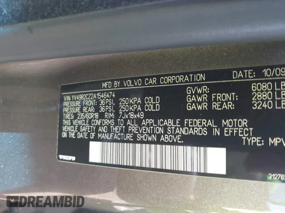 ✅ 2010 Volvo XC90 I6 • VIN: YV4982CZ2A1546474 • Lot: 43125129. Listed on IAAI with Not provided. Free auction sales archive from the USA and detailed vehicle history report at DreamBid. Image 9.