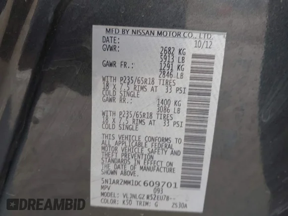 ✅ 2013 Nissan Pathfinder SL • VIN: 5N1AR2MM1DC609701 • Lot: 44450771. Listed on IAAI with 120,103 mi. Free auction sales archive from the USA and detailed vehicle history report at DreamBid. Image 9.