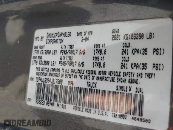 ✅ 2004 Dodge 1500 SLT • VIN: 1D7HU16D04J217609 • Lot: 45380647. Listed on IAAI with 269,206 mi. Free auction sales archive from the USA and detailed vehicle history report at DreamBid. Image 9.